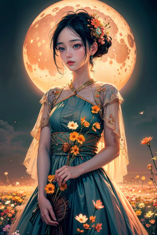 masterpiece,best quality,1girl,dress,flowers,moon,exposure blend, medium shot, bokeh, (hdr:1.4), high contrast, (cinematic, teal and orange:0.85), (muted colors, dim colors, soothing tones:1.3), low saturation, (hyperdetailed:1.2), (noir:0.4)