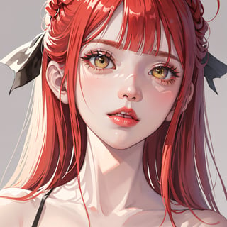(work of art), (masterpiece), (amazing illustration), (best quality), (best lighting), (best coloring), (watercolor), (light coloring), (detailed eyes), (cute face), (painted yellow eyes), (with bows in her hair)(pale face), (white face), light rosy lipstick lips, flushed cheeks, wearing a bikini, long straight red hair (with bangs)