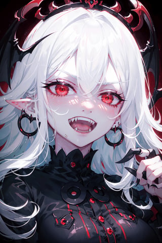 close up portrait of a vampire girl,detailed black crown on her head,white hair flowning,red background,showing her vampire fangs while smiling,sharp nails,big crown,fangs,red eyes,evil look,evil gaze.black earings,black rings,evil laugh,smile