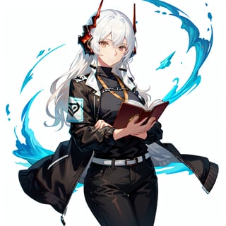 drip jacket,white background, shirt, jacket, closed mouth, open clothes, black pants, pants, 1girl, plus size, black shirt, looking at viewer, open jacket, solo, own hands together ,mudrock(arknights), horn , white hair , long hair , reading a book, yuritamashi style
