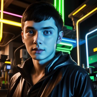 close-up, maximum detail, science fiction, distant future, cyberpunk, a man, 20 years old, American, short curly brown hair, blue eyes, wearing a cyberpunk outfit, led lights, neon, in a high-tech laboratory,Bertolt ,4ry4