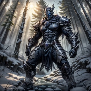 A towering figure of unyielding fortitude emerges from the frosty shadows of the mystical forest. The young warrior stands firm, his broad shoulders squared and chest heaving with determination, as icy mist swirls around him like an aura of unshakeable resolve. Soft, cold light filtering through the trees casts a photorealistic glow on his chiseled features, while the surrounding foliage is bathed in a muted palette of blues and purples, underscoring the harsh, unforgiving environment he faces.