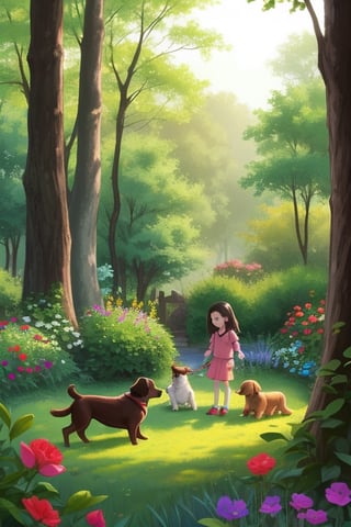 two childrens playing with dog in garden in forest