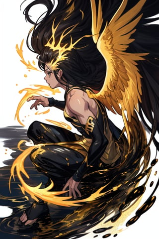 phoenix, golden black water splash painting, white background