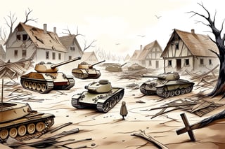 Create a detailed and evocative background image depicting a fallen German village during World War II. The scene should feature ruined traditional German houses with broken windows, collapsed roofs, and charred walls, set in a rural landscape with surrounding forests or fields marked by craters, uprooted trees, and scattered debris. The sky should be overcast or filled with smoke, adding to the somber mood, with a slight sepia tone to give a historical feel. Include remnants of war such as abandoned tanks, damaged military vehicles, and scattered weapons, along with personal belongings like broken furniture and torn clothes. In the background, show a few surviving villagers dressed in period-appropriate clothing, conveying despair and hopelessness, creating an image that is historically accurate, immersive, and emotionally evocative.