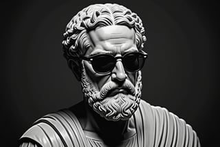 Create a black and white
 digital illustration of an ancient Greek philosopher, depicted in a classical style. The philosopher should be wearing modern, dark sunglasses. The background of the image should be completely black to create a striking contrast. The philosopher should have a thoughtful expression, with an iconic beard and bald head clearly visible. The sunglasses should be subtly integrated into the illustration, adding a contemporary and cool twist to the traditional appearance. The lighting should focus on the philosopher's face, highlighting the features and the sunglasses, while the black background remains stark and uncluttered.