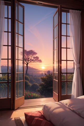 A cozy, elegantly decorated bedroom with a large window offering a breathtaking view. Beyond the window, a lush garden with vibrant flowers, tall majestic trees, and rolling hills in the distance. The sky is painted in hues of pink and orange with the rising sun, creating a serene and tranquil ambiance