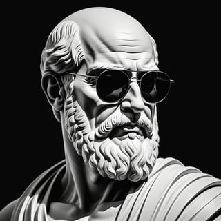 Create a black and white
 digital illustration of an ancient Greek philosopher, depicted in a classical style. The philosopher should be wearing modern, dark sunglasses. The background of the image should be completely black to create a striking contrast. The philosopher should have a thoughtful expression, with an iconic beard and bald head clearly visible. The sunglasses should be subtly integrated into the illustration, adding a contemporary and cool twist to the traditional appearance. The lighting should focus on the philosopher's face, highlighting the features and the sunglasses, while the black background remains stark and uncluttered.