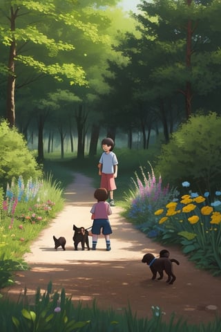 two children playing with a dog in the garden in the forest
