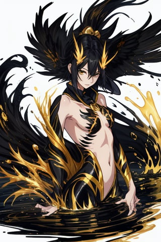 phoenix, golden black water splash painting, white background no human