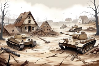 Create a detailed and evocative background image depicting a fallen German village during World War II. The scene should feature ruined traditional German houses with broken windows, collapsed roofs, and charred walls, set in a rural landscape with surrounding forests or fields marked by craters, uprooted trees, and scattered debris. The sky should be overcast or filled with smoke, adding to the somber mood, with a slight sepia tone to give a historical feel. Include remnants of war such as abandoned tanks, damaged military vehicles, and scattered weapons, along with personal belongings like broken furniture and torn clothes. In the background, show a few surviving villagers dressed in period-appropriate clothing, conveying despair and hopelessness, creating an image that is historically accurate, immersive, and emotionally evocative.