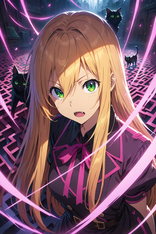 blonde woman, long hair, (greeneyes), gloves, (lipstick:0.5), fangs,

(spider_web:0.6), [butterflyes], ribbon, black_cats, [maze],

black / violet / pink / cerulean, (outline), dramatic light,

(((Masterpiece, best quality, 2D anime), HDR, artstation), sharp visual, extra details),

mysterious,