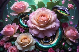 roses, dew, diamonds, snake,

colors pink, beige, black, violet, jade,

(((Masterpiece), HDR, artstation anime), sharp visual, intricate details),

aesthetic, fantasy, dreamy, wealth
