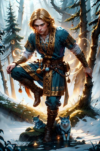 Slavic boy is an air wizard in a traditional slavic fancy dress,, curly blonde hairs, blue eyes, casting air magic, dynamic pose, 1boy, [GlowingRunes_blue],

Detailed background, forest, fog, clouds, animals, nature, sky, sunlight, sunbeam,

vibrant color, (white / blue tones), cinematic lighting, ambient lighting, sidelighting,

(best quality, masterpiece, 8K, HDR, extremely detailed, sharp look),PixelArt