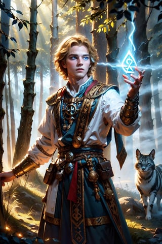 Slavic boy is an air wizard in a traditional slavic fancy dress, curly blonde hairs, blue eyes, casting air magic, dynamic pose, 1boy, lightness and fresh, GlowingRunes_blue,

Detailed background, forest, fog, clouds, animals, nature, sky, sunlight, sunbeam,

vibrant color, (white / blue tones), cinematic lighting, ambient lighting, sidelighting, 

(best quality, masterpiece:2, 8K, HDR, extremely detailed, sharp look),