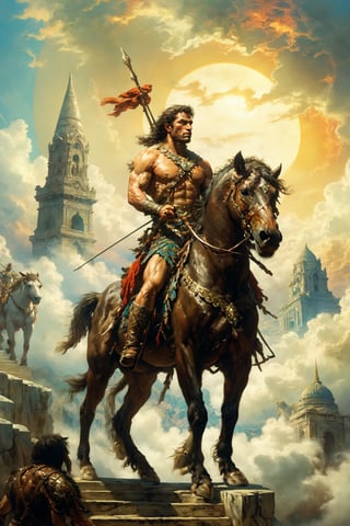A primal warrior with a bow on his horse climbs up the stairs to the top in the clouds leaving behind big city, scenery

Sky, daylight, sun, clouds, white marble, triumph, conquest,

vibrant color cinematic lighting, ambient lighting, sidelighting,

(best quality, masterpiece:2, 8K, HDR, extremely detailed, sharp look),Enhanced All