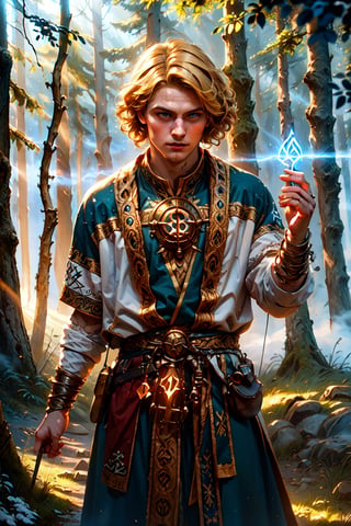 Slavic boy is an air wizard in a traditional slavic fancy dress,, curly blonde hairs, blue eyes, casting air magic, dynamic pose, 1boy, [[GlowingRunes_blue]],

Detailed background, forest, fog, clouds, animals, nature, sky, sunlight, sunbeam, birches,

vibrant color, (white / blue tones), cinematic lighting, ambient lighting, sidelighting,

(best quality, masterpiece, 8K, HDR, extremely detailed, sharp look),GlowingRunes_