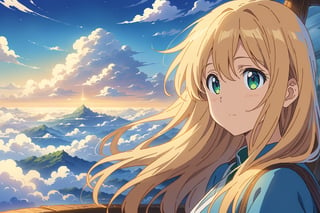 blonde woman traveling on a boat through sea of (clouds:1.3), long hair,  (greeneyes), (lipstick:0.5), 

journey, air,

sky blue / light-orange / white / cerulean / amber / apricot / azure / indigo, outline,

(((Masterpiece, best quality, 2D anime), HDR, artstation), sharp visual, extra details),

dreamy, hopeful atmosphere,