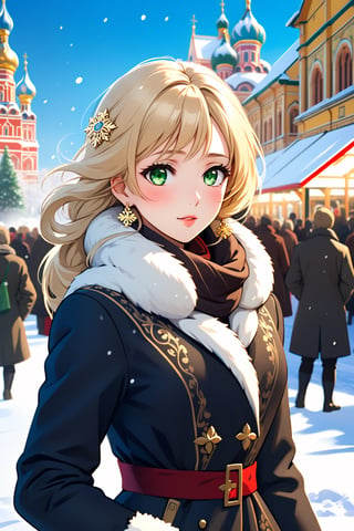 (a fancy russian woman), blonde, scarf, fur-trimmed_coat, (greeneyes), gloves, (lipstick:0.5),

 winter, blizzard, snow, icy, sky, sun, crowd, trade fair,

black / white / beige / grey / jade / cerulean, (outline), falling_snow,

(((Masterpiece, best quality), HDR, artstation anime), sharp visual, intricate details),

nature, (aesthetic), glamorous, elegant, orthodox, slavic,