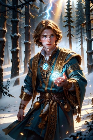 Slavic boy is an air wizard in a traditional slavic fancy dress,, curly blonde hairs, blue eyes, casting air magic, dynamic pose, 1boy, [[GlowingRunes_blue]],

Detailed background, forest, fog, clouds, animals, nature, sky, sunlight, sunbeam,

vibrant color, (white / blue tones), cinematic lighting, ambient lighting, sidelighting,

(best quality, masterpiece, 8K, HDR, extremely detailed, sharp look),