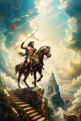 A primal warrior with a bow on his horse climbs up the stairs to the top in the clouds leaving behind big city, scenery

Sky, daylight, sun, clouds, white marble, triumph, conquest,

vibrant color cinematic lighting, ambient lighting, sidelighting,

(best quality, masterpiece:2, 8K, HDR, extremely detailed, sharp look),Enhanced All