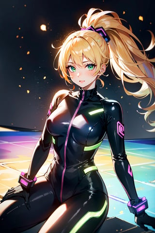 (((erotic), elegant, neon), bodysuit, futuristic), orbital, athletic, full body, 

blush, happy, (green_eyes), blonde_ponytail, lipstick, gloves, chocker,

(outer_space), stars, light_particles,

white, orange, pink, violet, red, purple, lime, porcelain, azure, (enhanced colors, colorful), bokeh, 35mm-lens, glowing light, neon illumination,

(((masterpiece, best quality, perfect visual, ultra detailed), 8K, HDR, sharp image, professional artwork)),