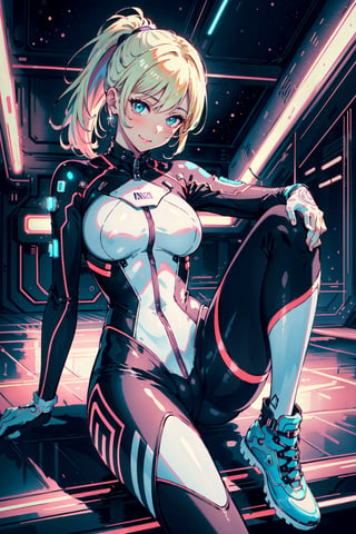 (erotic, sexy, athletic, bodysuit, elegant, aesthetic, exquisite, futuristic, cosmic, full_body:1.3), sit with leg crossed,

blush, smile, (green-eyes), blonde-ponytail, lipstick, gloves, (pussy), covered-nipples, 

(starry_background, outer space, stars, galaxy), orbital, light-particles, (neon lights:1.3),

white, orange, pink, (violet), red, purple, lime, vanilla, porcelain, azure, enhanced colors, bokeh, 35mm-lens, glowing light, neon illumination,

(masterpiece, best quality, perfect visual), 8K, HDR, sharp image, professional artwork, (detailed, intricate),