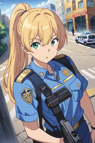 blonde policewoman posing, ponytail, police uniform, (greeneyes), (lipstick:0.5), 

german urban city, (gun), rich,

blue / black / white / cerulean / gold, 

(((Masterpiece, best quality, 2D anime), HDR, artstation), sharp visual, extra details),

modern, swag, fancy, exquisite,