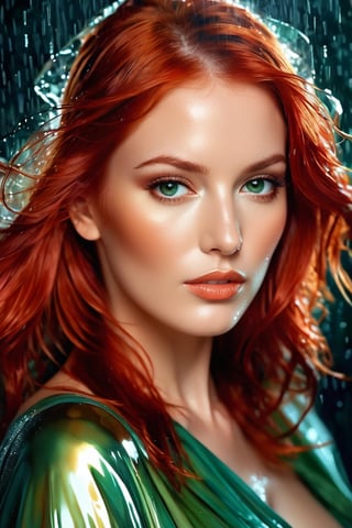 portrait of a red haired woman , reflections, dark light, Red hair, loose in the wind, on her face that highlight her beauty, soft green eyes, in full color, beautiful face very detailed, freedom, soul, digital illustration, A captivating mixed media masterpiece showcasing a mysterious  woman.  The skilled artist's fusion of media creates a dreamy, ethereal atmosphere, with fluid elements harmoniously intertwined. (best quality,4k,8k,highres,masterpiece:1.2),ultra-detailed,(realistic,photorealistic,photo-realistic:1.37),brushstrokes,impressionist techniques,romantic ambiance,vivid expression,dreamy,ethereal,graceful movement,delicate contours,whispered details,subtle gradients,radiant skin tones,impressionistic artistry,endless inspiration

portrait of beautiful greek goddess, looking straight up in pouring rain, soaking wet hair, by terry o'neill intricate, elegant, highly detailed, digital painting, glistening skin, latex latex, smooth, sharp focus, bright lighting,  by artgerm and greg rutkowski and alphonse mucha, 8 k, ,shibari