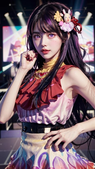 masterpiece, best quality,stage,1girl,purple hair,long hair,hair ornament, symbol-shaped pupils,pink dress,pink clothes,(simple background:0.5), (kbxll:0.6),Detailedface