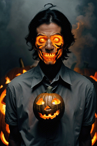 1man, pumpkin face, fire on face, high_res, horror, scary look