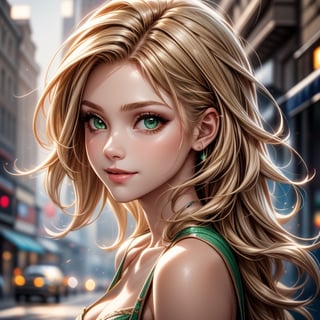 1 girl, blonde hair, styled, slim built, large bust, long legs, bewitching green eyes, long eyelashes, realistic skin, easy going smile, better hands, photorealistic, cinematic and dramatic lighting.   @gamma,1 girl