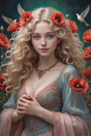 A detailed and ethereal half-length portrait of a fair-skinned girl with flowing, voluminous curly blonde hair. She has a serene expression, with rosy cheeks and bright green eyes. Surrounding her are vibrant red poppies, each intricately detailed, juxtaposed with delicately carved ivory birds in various poses, some in flight, others perched. Behind these elements, there are hints of celestial blue orbs. The girl is adorned in a finely crafted, ornate pink dress, embellished with sapphires, topaz, emeralds, rubies, opals, and intricate designs that lifts and enhances her deep cleavage. slim waist and wide hips. She has a serene smile.