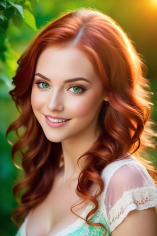 1. Beautiful detailed eyes with long eyelashes, pretty girl, white-skinned, and red hair, green eyes 2. Lips with a happy smile, giving the girl a friendly and approachable look 3. Large breasts, emphasizing the girl's femininity without being overly revealing 4. The girl is looking at the viewer, creating a direct and engaging connection 5. Long curly hairstyle, adding a youthful and playful element to the girl's appearance 6. The girl exudes happiness and radiates a positive energy in her expression and body language 7. waist up shot, waist down covered with dress, Medium: A combination of illustrations and photography Additional details: morning, sunrise, in front of a quaint old house, Image quality: (best quality, high-res, realistic), vivid colors, sharp focus, and professional craftsmanship Art style: Portraits with a touch of fantasy and whimsy, capturing the girl's beauty in an enchanting way Color palette: Soft pastel tones with pops of vibrant hues, creating a visually pleasing and harmonious composition Lighting: Soft, warm sunlight bathing the scene, illuminating the girl's features and creating a gentle play of light and shadows,detailmaster2