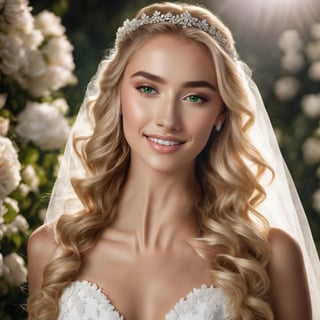professional realistic 8k photo,  ((perfect face)),  perfect human proportions and natural color of skin ,  (( perfect eyes )),  ( perfect eyelashes ),  ( perfect teeth and lips ),  perfect noses and ears, perfect number of fingers,  perfect human body  ,   beautiful 18 year old girl,  sexy white gold bride dress , blonde, long curly hair, green eyes, garden