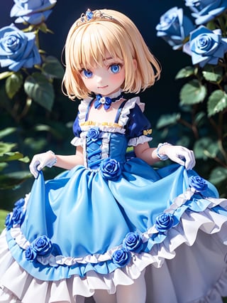 ((12year old girl:1.5)),1girl, loli, petite girl, Portrait, children's body, beautiful shining body, bangs,((blonde hair:1.3)),high eyes,(blue eyes), petite,tall eyes, beautiful girl with fine details, Beautiful and delicate eyes, detailed face, Beautiful eyes,((golden tiara with sapphire decoration)),((light blue gothic lolita ball gown:1.4)),((long skirt:1.7)),(( white neck ruffle, white frill)),((white tights)), blue shoes, ((white gloves with gold decoration)), natural light,((realism: 1.2 )), dynamic far view shot,cinematic lighting, perfect composition, by sumic.mic, ultra detailed, official art, masterpiece, (best quality:1.3), reflections, extremely detailed cg unity 8k wallpaper, detailed background, masterpiece, best quality , (masterpiece), (best quality:1.4), (ultra highres:1.2), (hyperrealistic:1.4), (photorealistic:1.2), best quality, high quality, highres, (short hair:1.4)),((tareme,animated eyes, big eyes,droopy eyes:1.2)),((cherry tree,cherry blossoms1.4)),((tsurime,v-shaped eyebrows,smirk:1.2)),,perfect,hand,animemia,outdoor,((Detailed rose, rose background, blue rose: 1.4))