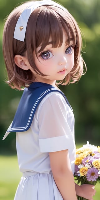 ((6year old girl:1.5)), ((Portrait)),1girl, loli, petite girl,  whole body, children's body, beautiful shining body, bangs,((darkbrown hair:1.3)),high eyes,(aquamarine eyes), petite,tall eyes, beautiful girl with fine details, ((Beautiful and delicate eyes,Beautiful eyes:1.4)), detailed face, natural light,((realism: 1.2 )), dynamic far view shot,cinematic lighting, perfect composition, by sumic.mic, ultra detailed, official art, masterpiece, (best quality:1.3), reflections, extremely detailed cg unity 8k wallpaper, detailed background, masterpiece, best quality , (masterpiece), (best quality:1.4), (ultra highres:1.2), (hyperrealistic:1.4), (photorealistic:1.2), best quality, high quality, highres, detail enhancement, ((very short hair:1.4)),
((tareme,animated eyes, big eyes,droopy eyes:1.2)),((random expression)),,random Angle,((school uniform:1.4)),((thick eyebrows:1.1)),perfect,((manga like visual)),((little girl with a bouquet of flowers:1.4)),perfect light