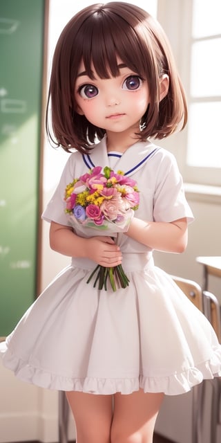 ((6year old girl:1.5)), ((Portrait)),1girl, loli, petite girl,  whole body, children's body, beautiful shining body, bangs,((darkbrown hair:1.3)),high eyes,(aquamarine eyes), petite,tall eyes, beautiful girl with fine details, ((Beautiful and delicate eyes,Beautiful eyes:1.4)), detailed face, natural light,((realism: 1.2 )), dynamic far view shot,cinematic lighting, perfect composition, by sumic.mic, ultra detailed, official art, masterpiece, (best quality:1.3), reflections, extremely detailed cg unity 8k wallpaper, detailed background, masterpiece, best quality , (masterpiece), (best quality:1.4), (ultra highres:1.2), (hyperrealistic:1.4), (photorealistic:1.2), best quality, high quality, highres, detail enhancement, ((very short hair:1.4)),
((tareme,animated eyes, big eyes,droopy eyes:1.2)),((random expression)),,random Angle,((school uniform:1.4)),((thick eyebrows:1.1)),perfect,((manga like visual)),((little girl with a bouquet of flowers:1.4)),perfect light