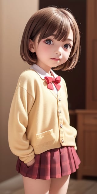 ((6year old girl:1.5)), loli, petite girl,  whole body, children's body, beautiful shining body, bangs,((brown hair:1.3)),high eyes,(brown eyes), petite,tall eyes, beautiful girl with fine details, Beautiful and delicate eyes, detailed face, Beautiful eyes,natural light,((realism: 1.2 )), dynamic far view shot,cinematic lighting, perfect composition, by sumic.mic, ultra detailed, official art, masterpiece, (best quality:1.3), reflections, extremely detailed cg unity 8k wallpaper, detailed background, masterpiece, best quality , (masterpiece), (best quality:1.4), (ultra highres:1.2), (hyperrealistic:1.4), (photorealistic:1.2), best quality, high quality, highres, detail enhancement,cute pussy, nsfw,((very short hair:1.4)),
((tareme,animated eyes, big eyes,droopy eyes:1.2)),Random poses((random expression)),((blouse, cardigan,tartan check pleated skirt)),Realism