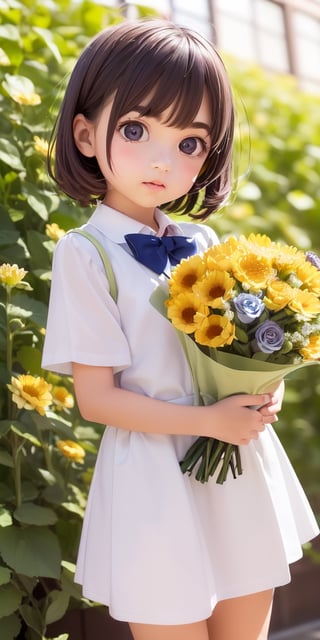 ((6year old girl:1.5)), ((Portrait)),1girl, loli, petite girl,  whole body, children's body, beautiful shining body, bangs,((darkbrown hair:1.3)),high eyes,(aquamarine eyes), petite,tall eyes, beautiful girl with fine details, ((Beautiful and delicate eyes,Beautiful eyes:1.4)), detailed face, natural light,((realism: 1.2 )), dynamic far view shot,cinematic lighting, perfect composition, by sumic.mic, ultra detailed, official art, masterpiece, (best quality:1.3), reflections, extremely detailed cg unity 8k wallpaper, detailed background, masterpiece, best quality , (masterpiece), (best quality:1.4), (ultra highres:1.2), (hyperrealistic:1.4), (photorealistic:1.2), best quality, high quality, highres, detail enhancement, ((very short hair:1.4)),
((tareme,animated eyes, big eyes,droopy eyes:1.2)),((random expression)),,random Angle,((school uniform:1.4)),((thick eyebrows:1.1)),perfect,((manga like visual)),((little girl with a bouquet of flowers:1.4)),perfect light