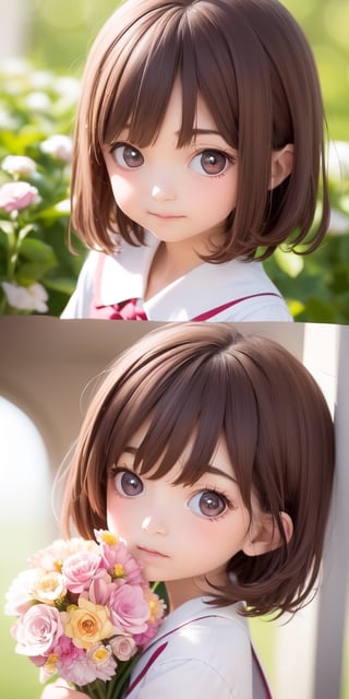 ((6year old girl:1.5)), ((Portrait)),1girl, loli, petite girl,  whole body, children's body, beautiful shining body, bangs,((darkbrown hair:1.3)),high eyes,(aquamarine eyes), petite,tall eyes, beautiful girl with fine details, ((Beautiful and delicate eyes,Beautiful eyes:1.4)), detailed face, natural light,((realism: 1.2 )), dynamic far view shot,cinematic lighting, perfect composition, by sumic.mic, ultra detailed, official art, masterpiece, (best quality:1.3), reflections, extremely detailed cg unity 8k wallpaper, detailed background, masterpiece, best quality , (masterpiece), (best quality:1.4), (ultra highres:1.2), (hyperrealistic:1.4), (photorealistic:1.2), best quality, high quality, highres, detail enhancement, ((very short hair:1.4)),
((tareme,animated eyes, big eyes,droopy eyes:1.2)),((random expression)),,random Angle,((school uniform:1.4)),((thick eyebrows:1.1)),perfect,((manga like visual)),((little girl with a bouquet of flowers:1.4)),perfect light