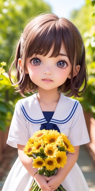 ((6year old girl:1.5)), ((Portrait)),1girl, loli, petite girl,  whole body, children's body, beautiful shining body, bangs,((darkbrown hair:1.3)),high eyes,(aquamarine eyes), petite,tall eyes, beautiful girl with fine details, ((Beautiful and delicate eyes,Beautiful eyes:1.4)), detailed face, natural light,((realism: 1.2 )), dynamic far view shot,cinematic lighting, perfect composition, by sumic.mic, ultra detailed, official art, masterpiece, (best quality:1.3), reflections, extremely detailed cg unity 8k wallpaper, detailed background, masterpiece, best quality , (masterpiece), (best quality:1.4), (ultra highres:1.2), (hyperrealistic:1.4), (photorealistic:1.2), best quality, high quality, highres, detail enhancement, ((very short hair:1.4)),
((tareme,animated eyes, big eyes,droopy eyes:1.2)),((random expression)),,random Angle,((school uniform:1.4)),((thick eyebrows:1.1)),perfect,((manga like visual)),((little girl with a bouquet of flowers:1.4)),perfect light, light smile