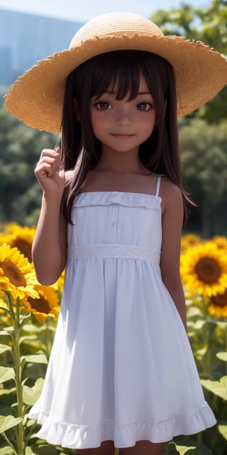 ((6year old girl:1.5)), 1 girl, loli, petite girl, complete anatomy, whole body, children's body, child, super cute, girl, little girl, beautiful girl, beautiful shining body, bangs,brown hair,high eyes,(aquamarine eyess), drooping eyes, petite,tall eyes, beautiful girl with fine details, Beautiful and delicate eyes, detailed face, Beautiful eyes, beautiful shining body, Smiles, happiness, ((one hat)), Whole body angle, Alps, Straw hat, white dress, short length dress,sunflower field, outdoor, alpine meadow,alps, natural light,((realism: 1.2)), dynamic far view shot,cinematic lighting, perfect composition, by sumic.mic, ultra detailed, official art, masterpiece, (best quality:1.3), reflections, extremely detailed cg unity 8k wallpaper, detailed background, masterpiece, best quality, (masterpiece), (best quality:1.4), (ultra highres:1.2), (hyperrealistic:1.4), (photorealistic:1.2), best quality, high quality, highres, detail enhancement,masterpiece,((dark skin: 1.4))