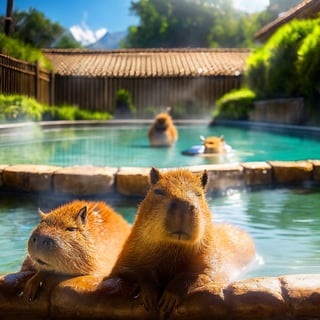  masterpiece, highest quality, absurd, high resolution, super detailed, ((capybara taking a bath)), (kawaii:1.3), (live action:1.4), cute,  outdoor, (open-air bath: 1.2), capybara, hot spring, realistic,