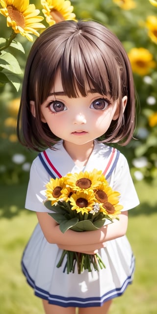 ((6year old girl:1.5)), ((Portrait)),1girl, loli, petite girl,  whole body, children's body, beautiful shining body, bangs,((darkbrown hair:1.3)),high eyes,(aquamarine eyes), petite,tall eyes, beautiful girl with fine details, ((Beautiful and delicate eyes,Beautiful eyes:1.4)), detailed face, natural light,((realism: 1.2 )), dynamic far view shot,cinematic lighting, perfect composition, by sumic.mic, ultra detailed, official art, masterpiece, (best quality:1.3), reflections, extremely detailed cg unity 8k wallpaper, detailed background, masterpiece, best quality , (masterpiece), (best quality:1.4), (ultra highres:1.2), (hyperrealistic:1.4), (photorealistic:1.2), best quality, high quality, highres, detail enhancement, ((very short hair:1.4)),
((tareme,animated eyes, big eyes,droopy eyes:1.2)),((random expression)),,random Angle,((school uniform:1.4)),((thick eyebrows:1.1)),perfect,((manga like visual)),((little girl with a bouquet of flowers:1.4)),perfect light