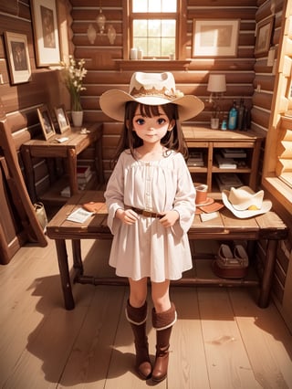 ((6 year old girl: 1.5)), 1 girl, loli, petite girl, complete anatomy, whole body, child's body, child, super cute, girl, little girl, beautiful girl, beautiful shining body, bangs, brown hair, back high eyes, (aquamarine eyes), droopy eyes, petite, tall eyes, beautiful girl with beautiful details, beautiful delicate eyes, detailed face, beautiful eyes, beautiful shining body, smile, happiness, full body angle, old days House in the American West,  Inside the Room,  Fireplace, ((western boots, Cowboy Hat: 1.5)),black belt,
((Realism: 1.2)), Dynamic long shots, Cinematic lighting, Perfect composition, Highly detailed, Official art, Masterpiece by Sumic.mic, (Top quality: 1.3), Reflections, Highly detailed CG Unity 8k Wallpaper, Detailed Background, Masterpiece , Best Quality, (Masterpiece), (Best Quality: 1.4), (Ultra High Resolution: 1.2), (Hyper Realistic: 1.4), (Photorealistic: 1.1), Best quality, high quality, high resolution, detail emphasis,((Log house room: 1.4)),masterpiece