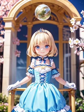 ((12year old girl:1.5)),1girl, loli, petite girl, Portrait, children's body, beautiful shining body, bangs,((blonde hair:1.3)),high eyes,(blue eyes), petite,tall eyes, beautiful girl with fine details, Beautiful and delicate eyes, detailed face, Beautiful eyes,((golden tiara with sapphire decoration)),((light blue gothic lolita ball gown:1.4)),((long skirt:1.7)),(( white neck ruffle, white frill)),((white tights)), blue shoes, ((white gloves with gold decoration)), natural light,((realism: 1.2 )), dynamic far view shot,cinematic lighting, perfect composition, by sumic.mic, ultra detailed, official art, masterpiece, (best quality:1.3), reflections, extremely detailed cg unity 8k wallpaper, detailed background, masterpiece, best quality , (masterpiece), (best quality:1.4), (ultra highres:1.2), (hyperrealistic:1.4), (photorealistic:1.2), best quality, high quality, highres, (short hair:1.4)),((tareme,animated eyes, big eyes,droopy eyes:1.2)),cherry tree,cherry blossoms,((tsurime,v-shaped eyebrows,smirk:1.2)),(Cherry blossom background in full bloom:1.4)),perfect,hand,((Tearmoon Empire Story)),((Mia Luna Tier Moon)),animemia,outdoor