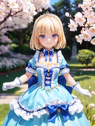 ((12year old girl:1.5)),1girl, loli, petite girl, Portrait, children's body, beautiful shining body, bangs,((blonde hair:1.3)),high eyes,(blue eyes), petite,tall eyes, beautiful girl with fine details, Beautiful and delicate eyes, detailed face, Beautiful eyes,((golden tiara with sapphire decoration)),((light blue gothic lolita ball gown:1.4)),((long skirt:1.7)),(( white neck ruffle, white frill)),((white tights)), blue shoes, ((white gloves with gold decoration)), natural light,((realism: 1.2 )), dynamic far view shot,cinematic lighting, perfect composition, by sumic.mic, ultra detailed, official art, masterpiece, (best quality:1.3), reflections, extremely detailed cg unity 8k wallpaper, detailed background, masterpiece, best quality , (masterpiece), (best quality:1.4), (ultra highres:1.2), (hyperrealistic:1.4), (photorealistic:1.2), best quality, high quality, highres, (short hair:1.4)),((tareme,animated eyes, big eyes,droopy eyes:1.2)),((cherry tree,cherry blossoms1.4)),((tsurime,v-shaped eyebrows,smirk:1.2)),(Cherry blossom background in full bloom:1.4)),perfect,hand,animemia,outdoor