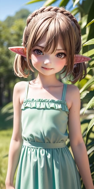 ((6 year old girl:1.4)),((flat chest)),complete anatomy, loli, beautiful girl with fine details,  detailed face, beautiful shining body,((Toddler body:1.3)),detailed face,  super detailed, perfect face, (highly detailed face:1.4),((elf ears, long ears)),choker,dagger,

beautiful detailed eyes, ((tall eyes, Big eyes)), aquamarine eyes, 
 
blond hair, bangs,((short hair:1.4)),
Floral hair ornament,
 1 girl, ((pastel green maxi dress)), ((forest background)), random angles, morning light, (bright lighting:1.2), ((happiness)), Natural Light,realhands, 

(realism:1.2),
Best Quality, Masterpiece, 
(RAW Photo, Best Quality, Masterpiece:1.2), Ray-traced reflections, photon mapping,
 ultra-high resolution, 16k images, depth of field,AIDA_LoRA_BelK