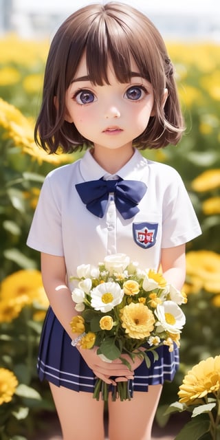 ((6year old girl:1.5)), ((Portrait)),1girl, loli, petite girl,  whole body, children's body, beautiful shining body, bangs,((darkbrown hair:1.3)),high eyes,(aquamarine eyes), petite,tall eyes, beautiful girl with fine details, ((Beautiful and delicate eyes,Beautiful eyes:1.4)), detailed face, natural light,((realism: 1.2 )), dynamic far view shot,cinematic lighting, perfect composition, by sumic.mic, ultra detailed, official art, masterpiece, (best quality:1.3), reflections, extremely detailed cg unity 8k wallpaper, detailed background, masterpiece, best quality , (masterpiece), (best quality:1.4), (ultra highres:1.2), (hyperrealistic:1.4), (photorealistic:1.2), best quality, high quality, highres, detail enhancement, ((very short hair:1.4)),
((tareme,animated eyes, big eyes,droopy eyes:1.2)),((random expression)),,random Angle,((school uniform:1.4)),((thick eyebrows:1.1)),perfect,((manga like visual)),((little girl with a bouquet of flowers:1.4)),perfect light